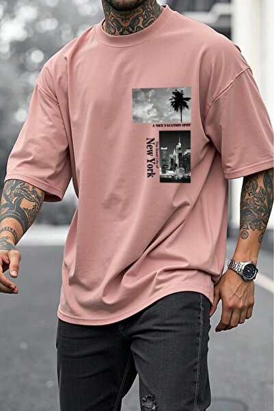 NO 601 Tricou oversize pentru bărbați, roz somon, cu imprimeu NY Palm