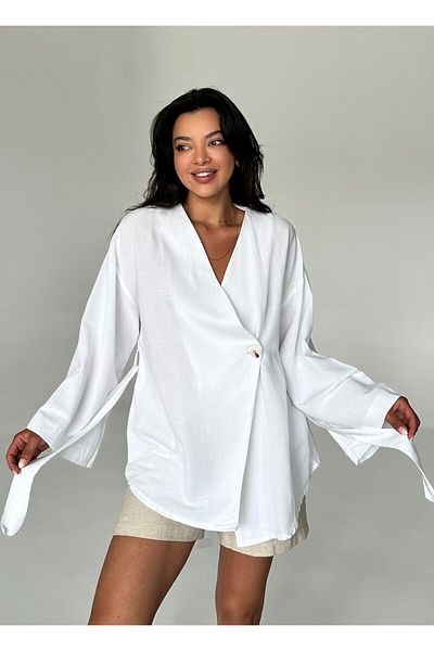 Laluvia Plátěná kimono - bílá, 100% bavlna, detail knoflíku a pásek