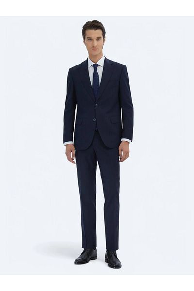 Kip Navy Blue Striped Modern Fit Wool Blend 4 Drop Suit