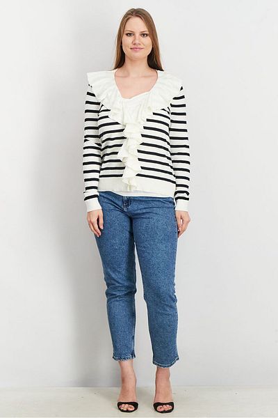 Ralph Lauren Women V-neck Stripe Ruffle Top, White And Black