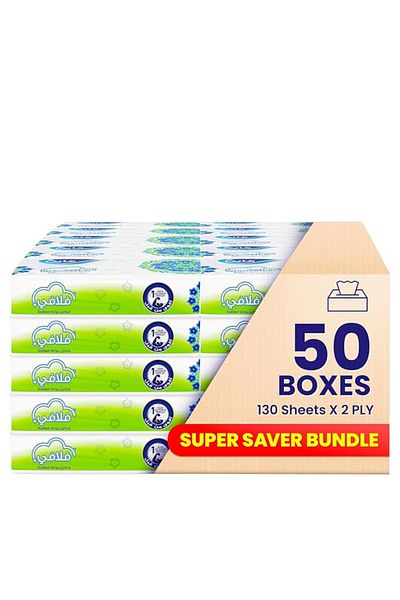 FINE Facial Tissues, 2-Ply, 130 Sheets x 50 Boxes–Real Cotton Feel & Sterilized for Germ Protection
