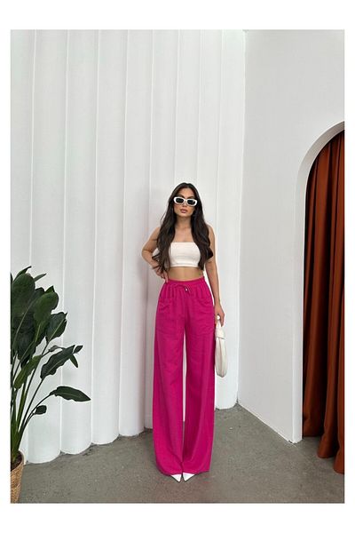 Swan Woman Elastic Waist Wide Leg Visco Linen Pocket Summer Trousers