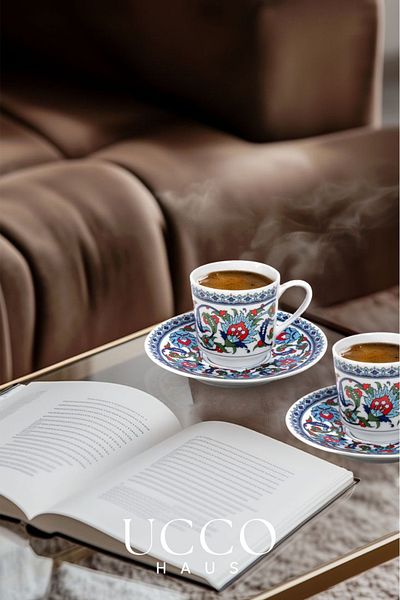 UCCO Set of 2 Güral Porcelain Double Turkish Coffee Cup Gözde – 120 Cc – Topkapi Pattern – Ethnic – Gift Box