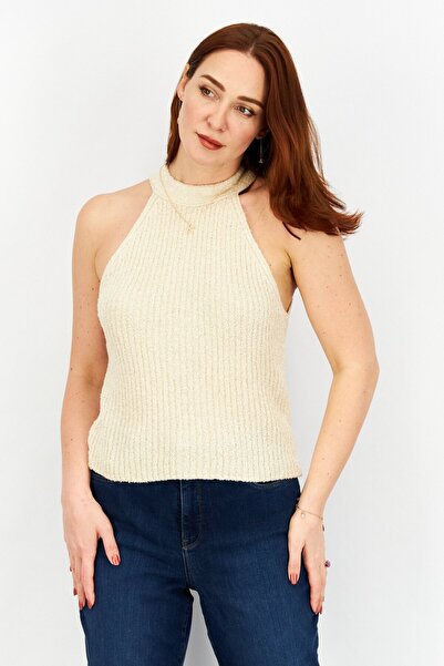 NA-KD Women Halter Neck Sleeveless Textured Top, Beige