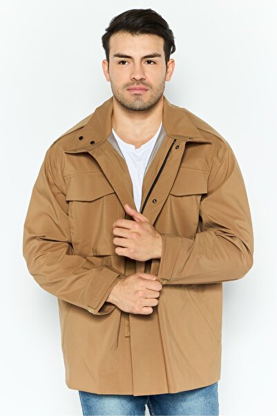 Lacoste Men High Neck Embroidered Logo Soft Shell Jacket, Tan