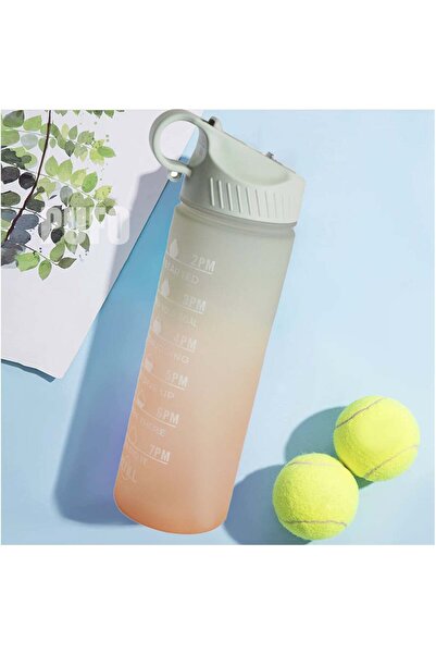 PUFO Graduated water bottle for sports, fitness, training, with straw included, 500 ml, green/orange