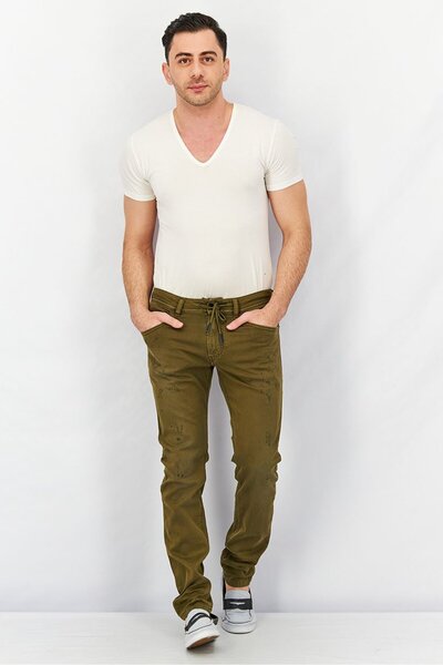Diesel Men Regular Fit Thommer Solid Stretchable Sweat Jeans, Khaki Olive