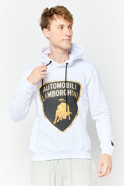 Lamborghini Men Brand Logo Long Sleeve Hoodie, White