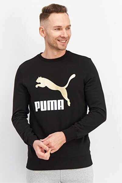Puma سويت شيرت رجالي برقبة دائرية وأكمام طويلة وشعار العلامة التجارية، أسود