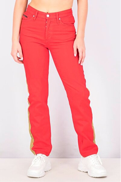 Calvin Klein Jeans Women Straight High Rise tripe Sided Jeans, Red