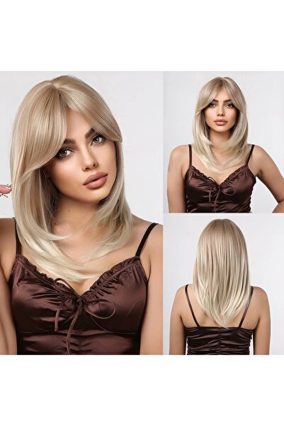 animis beauty Peruca Blond Cenusiu perlat, fibra sintetica cu aspect natural, par mediu drept, cu breton, 40 cm