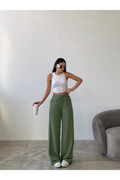 Swan Woman Elastic Waist Wide Leg Visco Linen Pocket Summer Trousers