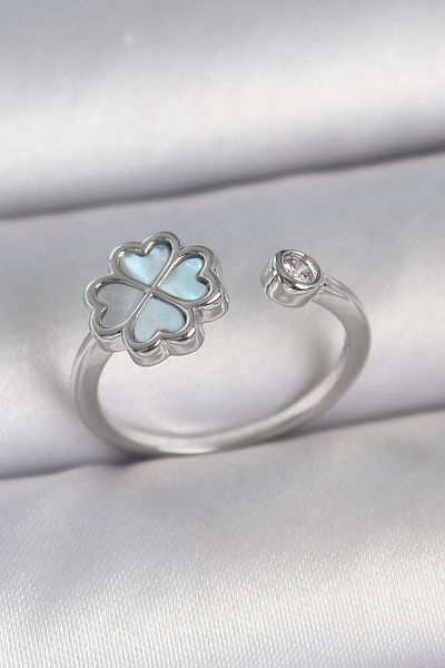 Clariss Brass Silver Color Blue Enamel Clover Model Zircon Stone Detail Adjustable Women's Ring