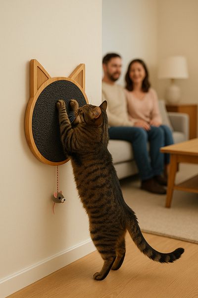 ESLENTA Black Round Cat Scratching Board - Natural Wood Mounted Solid Wall