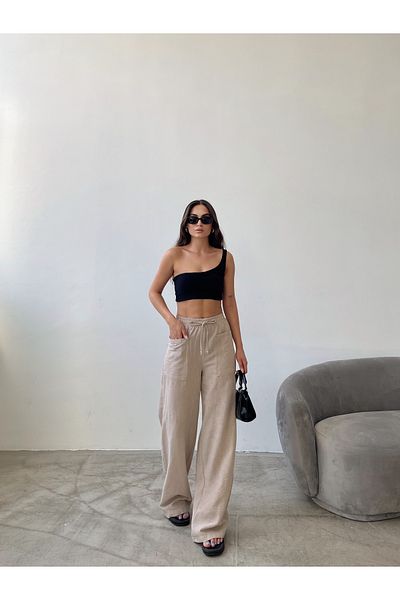 Swan Woman Elastic Waist Wide Leg Visco Linen Pocket Summer Trousers
