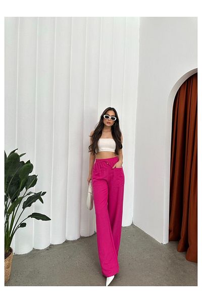 Swan Woman Elastic Waist Wide Leg Visco Linen Pocket Summer Trousers
