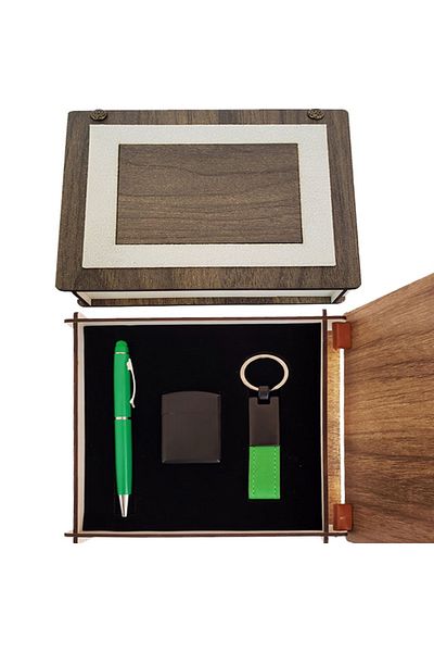 BulutRetail Green Keychain Pen and Lighter Set with Special Wooden Box