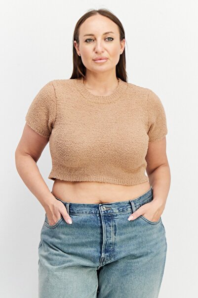 NA-KD Women Crew Neck Short Sleeve Textured Crop Top, Dark Beige