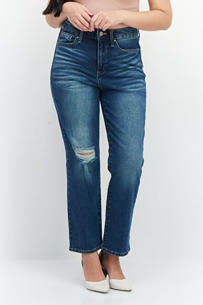 Frayed Jeans Women Straight Fit Rip Stretchable Jeans, Blue