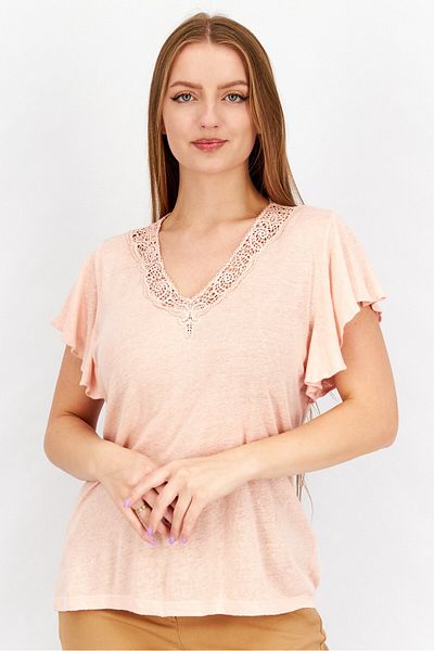 Ralph Lauren Women V Neck Puffed Sleeve Textured Tops, Pink