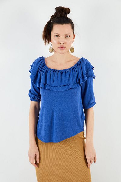 Ralph Lauren Women Off Shoulder Elbow Sleeve Heather Blouse, Blue