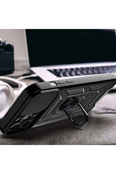 SKYDDAR INNOVATION Husă pentru iPhone 15 Pro Max, CamShield, inel magnetic, albastru, set autocolante