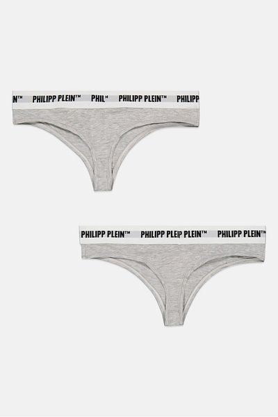 PHILIPP PLEIN Women 2 Pieces Brand Logo Thong Panty, Light Grey