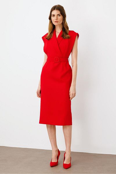 Moda İlgi Modailgi Sleeve Mouth Bead Accessory Detailed Dress Red