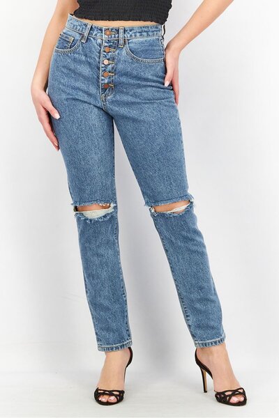 Weworewhat Women Straight Fit Ripped Non-Stretchable Jeans, Blue
