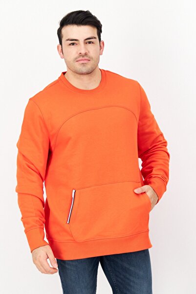 Fourlaps Men Crew Neck Long Sleeve Fleece Sweatshirt, Orange