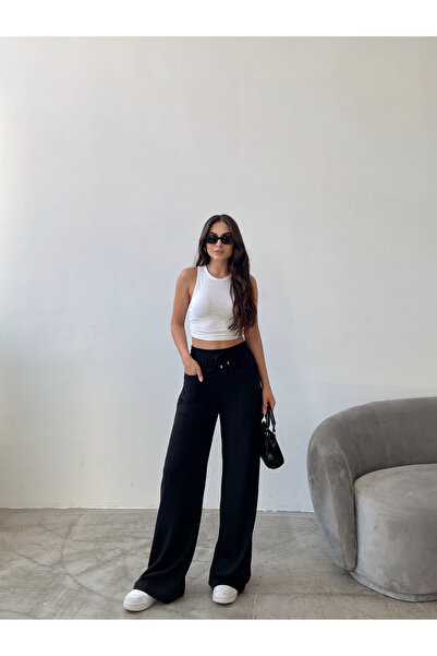 Swan Woman Elastic Waist Wide Leg Visco Linen Pocket Summer Trousers