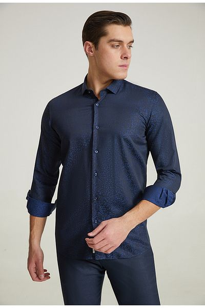 Tween Cămașă slim fit bleumarin cu model jacquard 100% bumbac