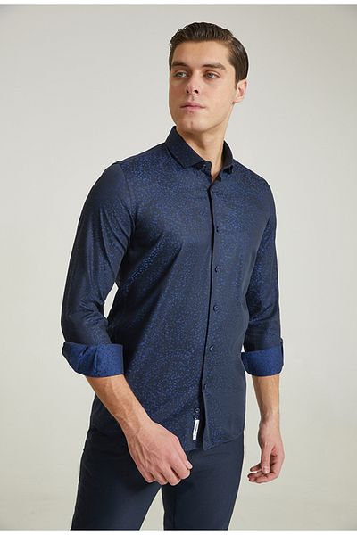 Tween Cămașă slim fit bleumarin cu model jacquard 100% bumbac