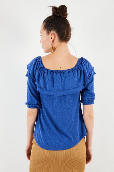 Ralph Lauren Women Off Shoulder Elbow Sleeve Heather Blouse, Blue