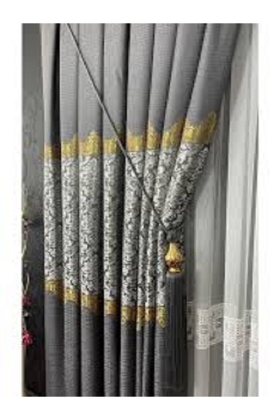 GÖKCE PERDE Cortina de fundal gri, cu o singură aripă, plisată dens, jacquard...