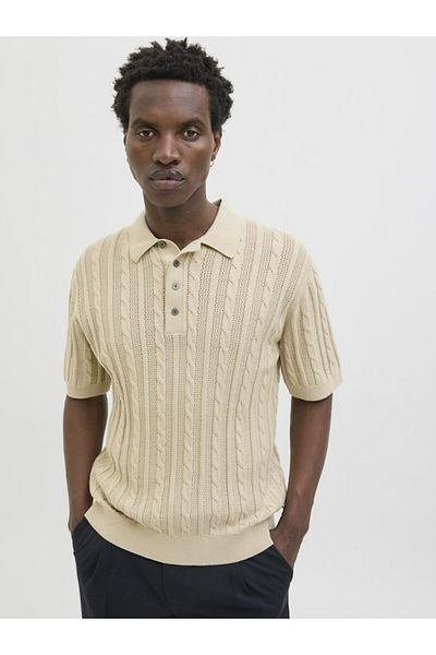 Jack & Jones Men's Beige Jprblamason Knit Polo Ss Polo T-Shirt 12277518-Silverlin
