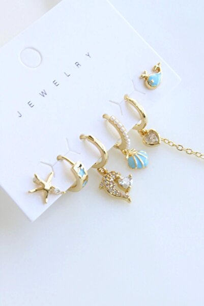 Leo'Stone 6 Lı İSTİRİDYE Tasarım Kararmaz Renk Atmaz Çoklu Kadın Çelik Küpe