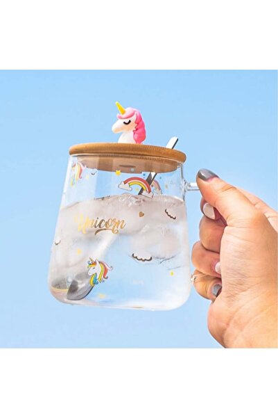 PUFO World of Unicorns glass mug with bamboo lid, for coffee or tea, 350 ml, transparent