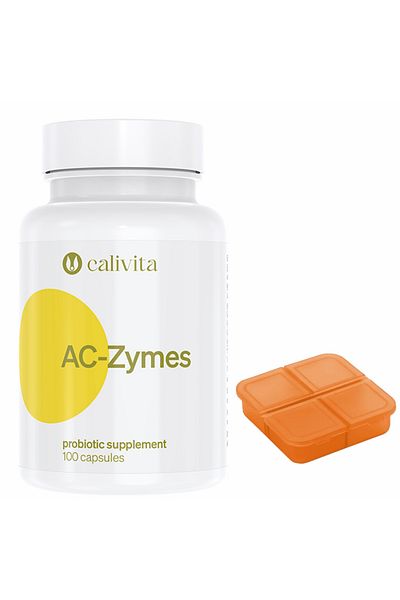 Calivita Set supliment alimentar probiotic Ac Zymes cu probiotice și cutie de pastile (100 capsule) - Calivita