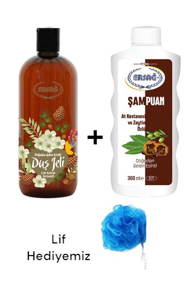 Ersağ Horse Chestnut and Olive Extract Shampoo 300 Ml+Pine Bark Extract. Shower Gel 500ml-(with Fiber Gift)317-37