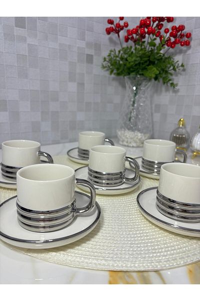 SOFRA STİL Set of 6 Gold Detailed Porcelain Turkish Coffee Cups