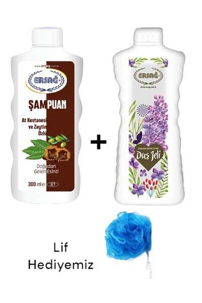 Ersağ Horse Chestnut and Olive Extract Shampoo 300ml - Lilac Scented Shower Gel 1000ml (with Fiber Gift) 317-41