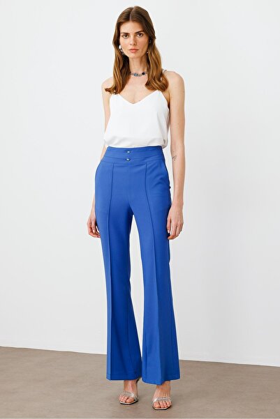 Moda İlgi Modailgi Kemeri Metal Aksesuarlı İspanyol Paça Pantolon - 7598 Mavi