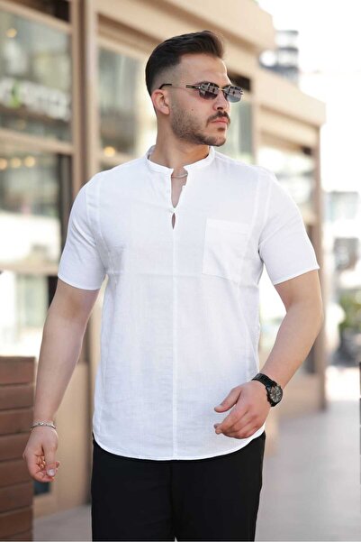 MODA Keten Kısa Kollu Hakim Yaka Slim Fit Yeni Sezon Yazlık Erkek Gömlek