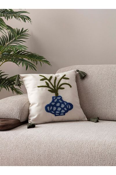 dekomall home & living Husa de perna brodata cu ciucuri Vaza albastra 43x43 cm