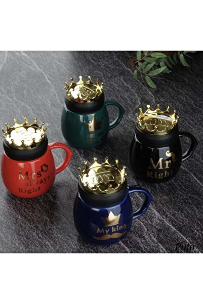 PUFO Mr Right ceramic mug with lid, for coffee or tea, 500 ml, black