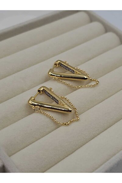 YUGENCONCEPT Altın Kaplama Üçgen Zincir Detay Küpe