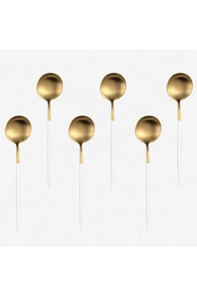 PUFO Set Of 6 Luxury Coffee, Tea, Dessert Spoons, Stainless Steel, 13 Cm, Gold/white