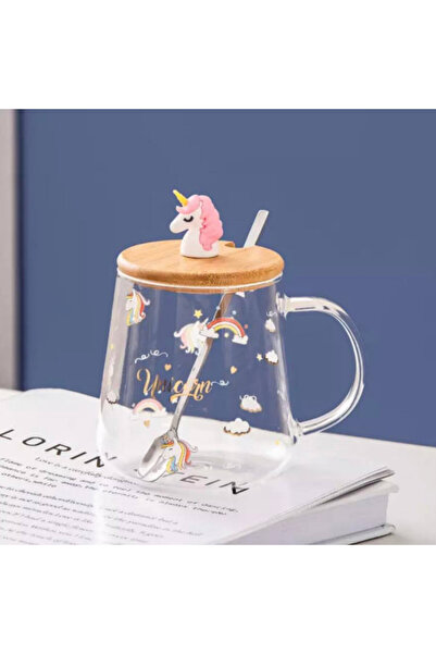 PUFO World of Unicorns glass mug with bamboo lid, for coffee or tea, 350 ml, transparent