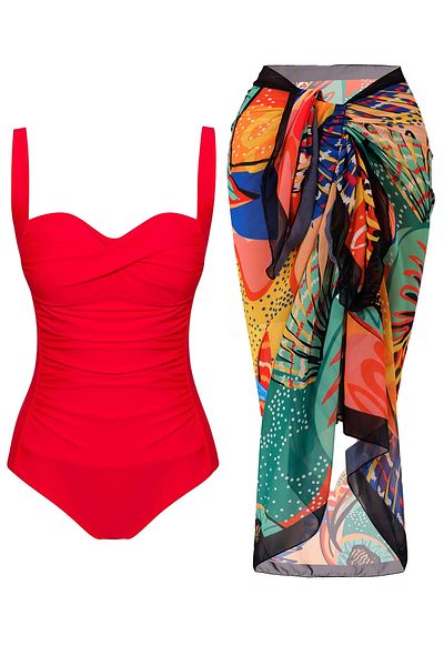 CUPSEA Women's Gathering Draped Red Swimsuit Bodrum Pareo Set of 2 Stylish and Slimming Effect